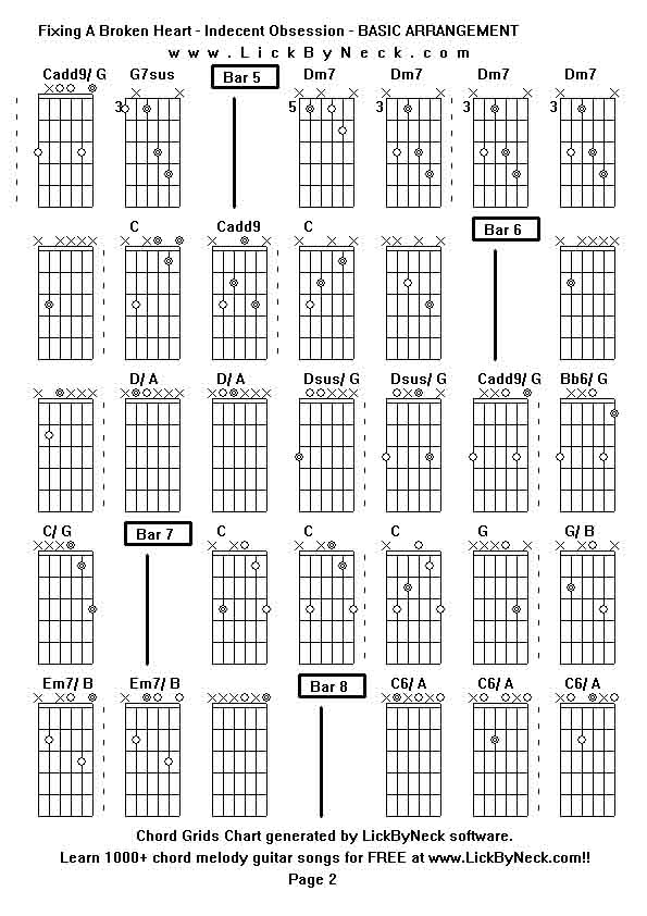Chord Grids Chart of chord melody fingerstyle guitar song-Fixing A Broken Heart - Indecent Obsession - BASIC ARRANGEMENT,generated by LickByNeck software.